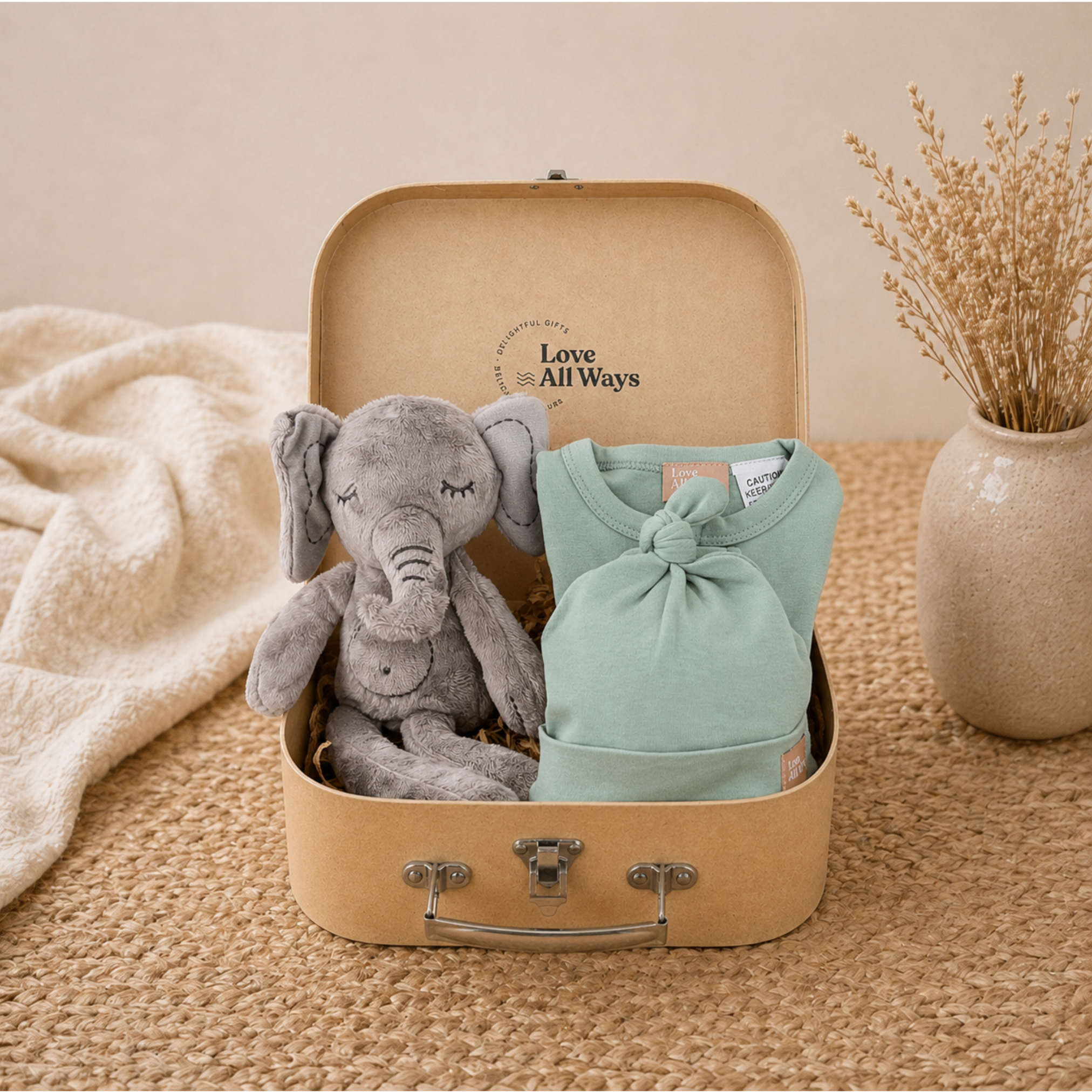 Small suitcase with a grey elephant toy and green baby outfit with a matching green beanie in a neutral cardboard suitcase.