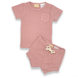 Organic Cotton Short Sleeve Ribbed Lounge Set - Champagne Pink