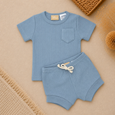 Organic Cotton Short Sleeve Ribbed Lounge Set - Ice Blue