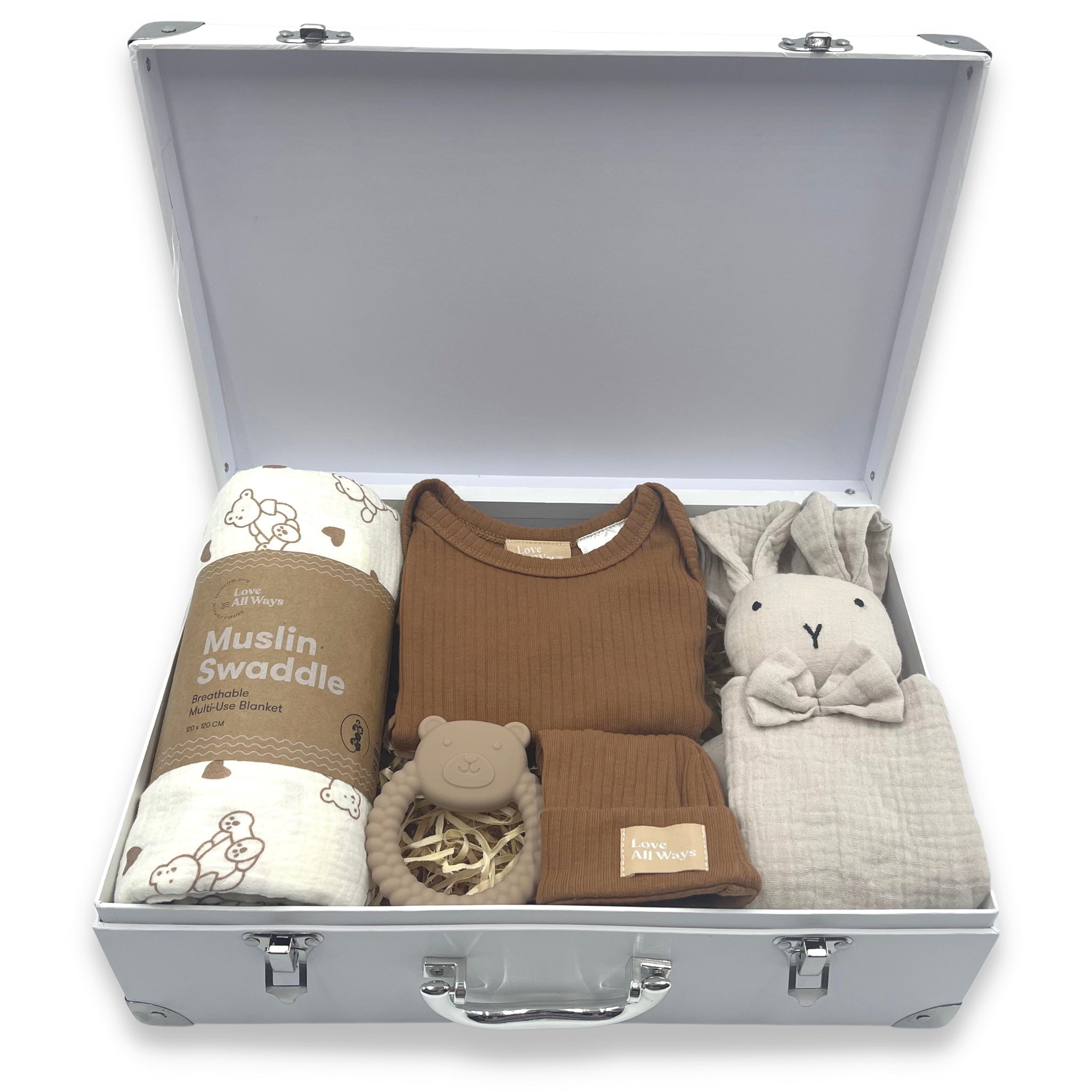 Celebrate a new birth with this delightfully pieced together idea for someone special. Organic neutral baby gift hamper delivered free AUS wide or great baby shower gift.