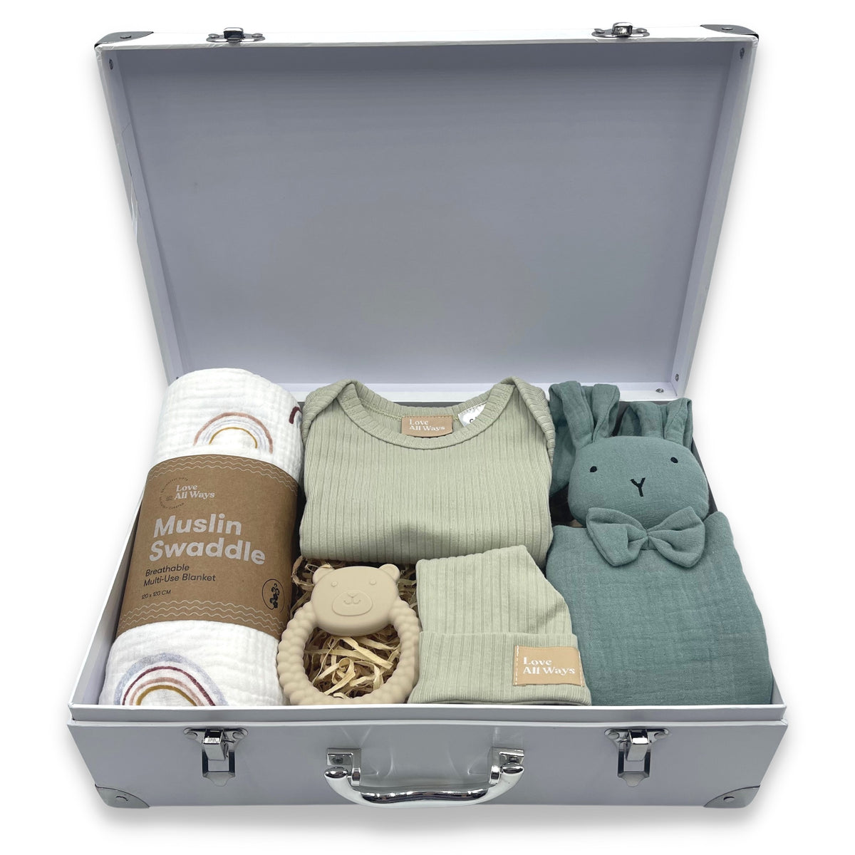 Organic neutral baby gift hamper delivered free AUS wide or great baby shower gift. Celebrate a new birth with this delightfully pieced together idea for someone special.