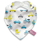 Love All Ways 100% Cotton Bandana Adjustable Bib - Wheels. This bib features fun, coloured wheels from cars, bikes and prams.