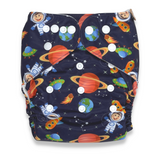 Our reusable modern cloth nappies are an eco friendly alternative, with an easy adjustable snap design, that offers flexible sizing to fit a growing baby. Suitable from new born all the way through to toilet training. The fun space time outer shell is a water resistant PUL (polyurethane laminate) that reduces the use for extra cover. The inner moisture wicking suede cloth fabric ensures softness against the most delicate of skin and is naturally antibacterial