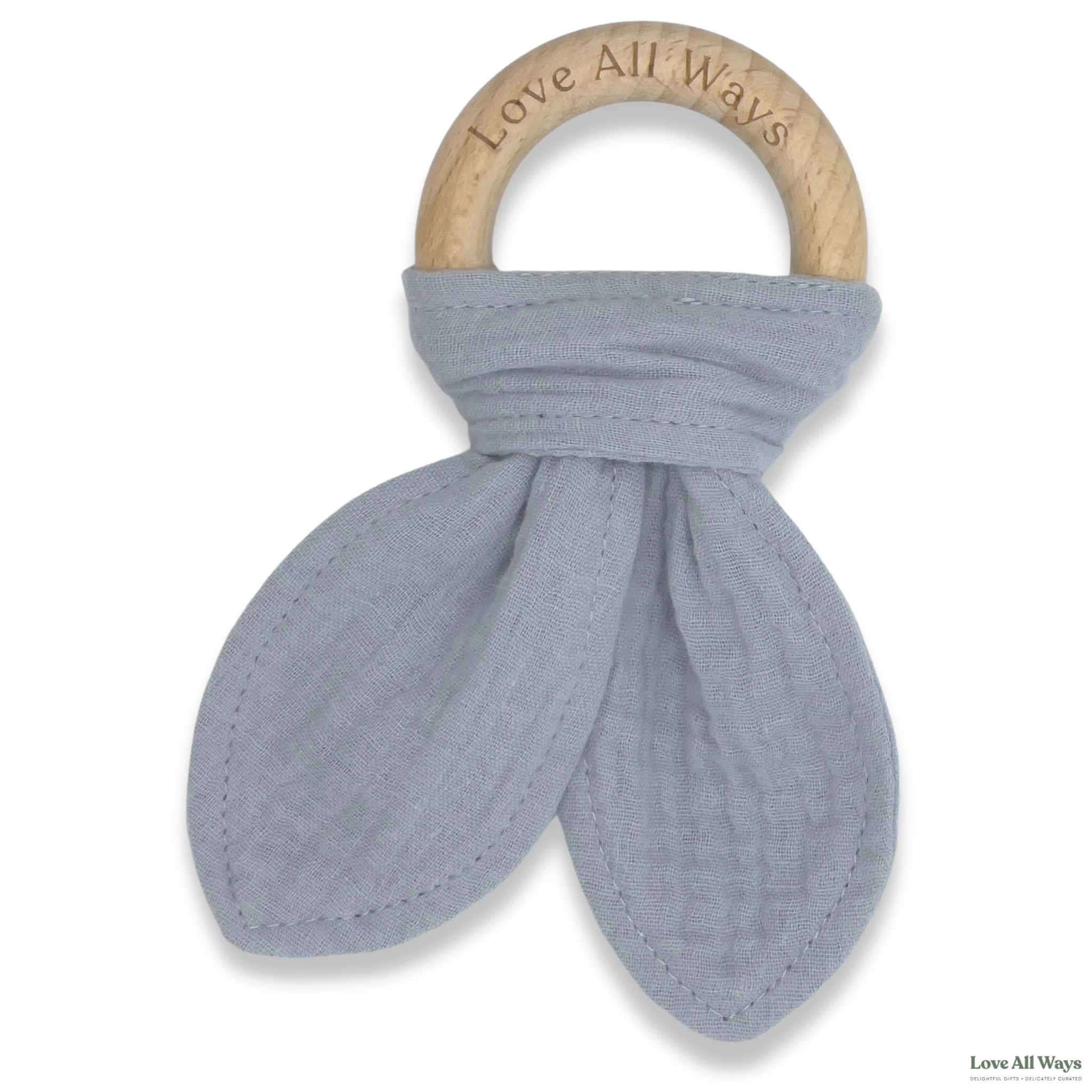 The Love All Ways beechwood organic cotton teether is a natural, eco friendly teether designed to stimulate gums and is a beautiful teething option to keep babies entertained. Made from a chemical free, non toxic natural beechwood that is safe for baby's mouth making it perfect for those sore gums and budding teeth. The finish is sanded and buffed to a smooth finish without the use of any varnishes or waxes