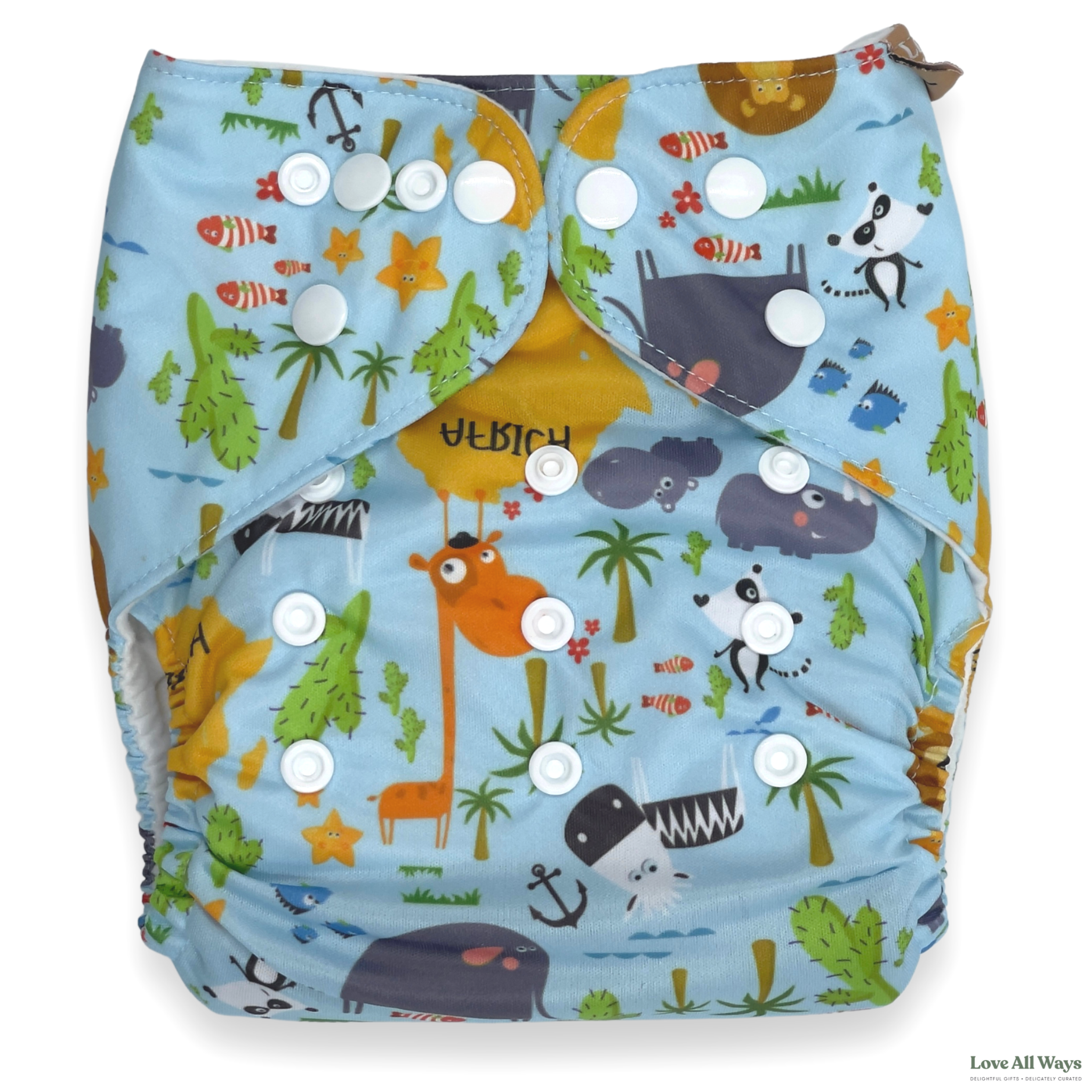 Our reusable modern cloth nappies are an eco friendly alternative, with an easy adjustable snap design, that offers flexible sizing to fit a growing baby. Suitable from new born all the way through to toilet training. The african animals outer shell is a water resistant PUL (polyurethane laminate) that reduces the use for extra cover. The inner moisture wicking suede cloth fabric ensures softness against the most delicate of skin and is naturally antibacterial