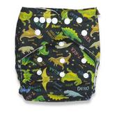 Our reusable modern cloth nappies are an eco friendly alternative, with an easy adjustable snap design, that offers flexible sizing to fit a growing baby. Suitable from new born all the way through to toilet training. The dinosaurs outer shell is a water resistant PUL (polyurethane laminate) that reduces the use for extra cover. The inner moisture wicking suede cloth fabric ensures softness against the most delicate of skin and is naturally antibacterial
