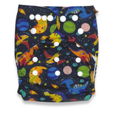 Our reusable modern cloth nappies are an eco friendly alternative, with an easy adjustable snap design, that offers flexible sizing to fit a growing baby. Suitable from new born all the way through to toilet training. The space dinosaurs outer shell is a water resistant PUL (polyurethane laminate) that reduces the use for extra cover. The inner moisture wicking suede cloth fabric ensures softness against the most delicate of skin and is naturally antibacterial