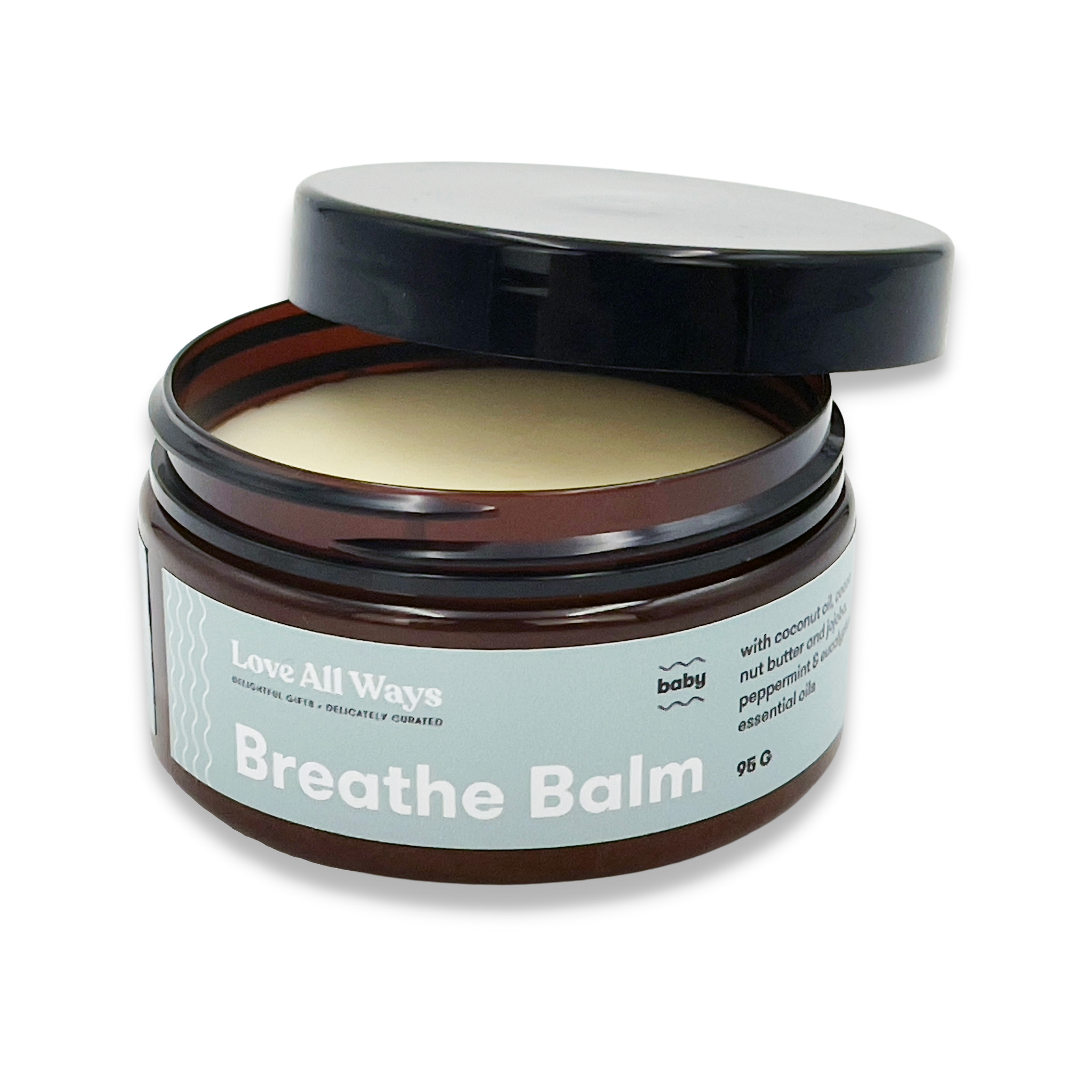 Love All Ways Organic Breathe Balm 95g with lid open