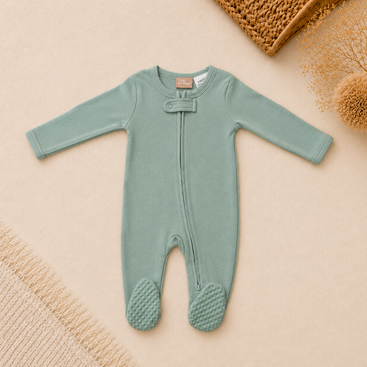 100% Organic Cotton Jersey 2 Way Zipper Romper - Mist Green