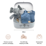 Baby hamper with a new little person's closest and dearest friend! The elephant symbolises strength, wisdom, offers protection and good luck. FREE DELIVERY