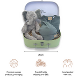 Newborn Baby hamper with a new little person's closest and dearest friend! The elephant symbolises strength, wisdom, offers protection and good luck. FREE DELIVERY