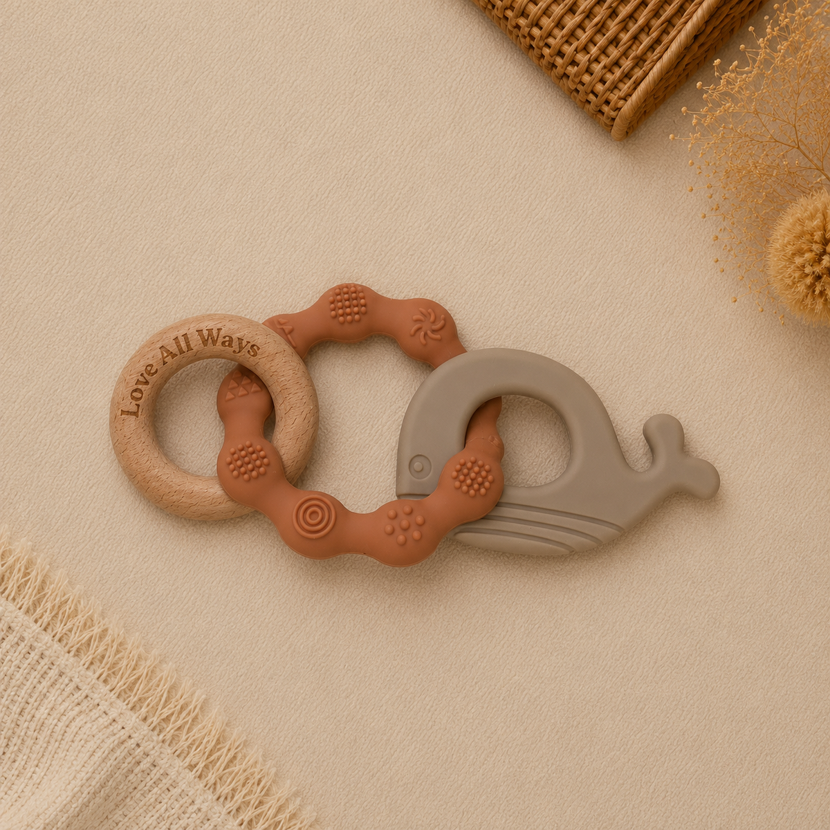 3 Piece Silicone and Beechwood Teether - Caramel