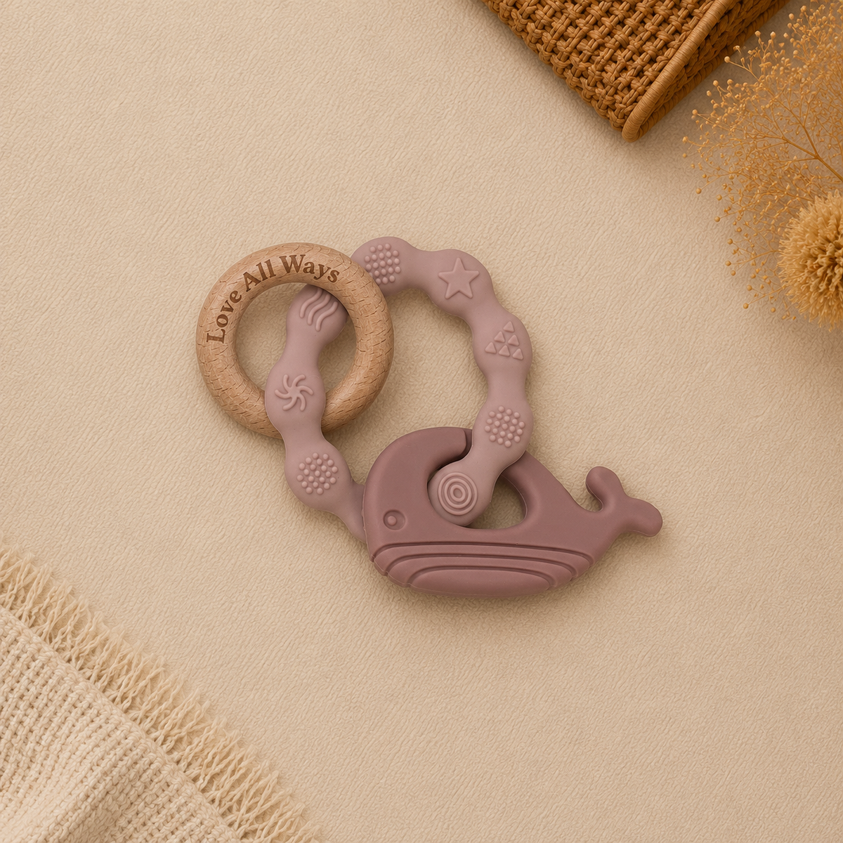 3 Piece Silicone and Beechwood Teether - Musk