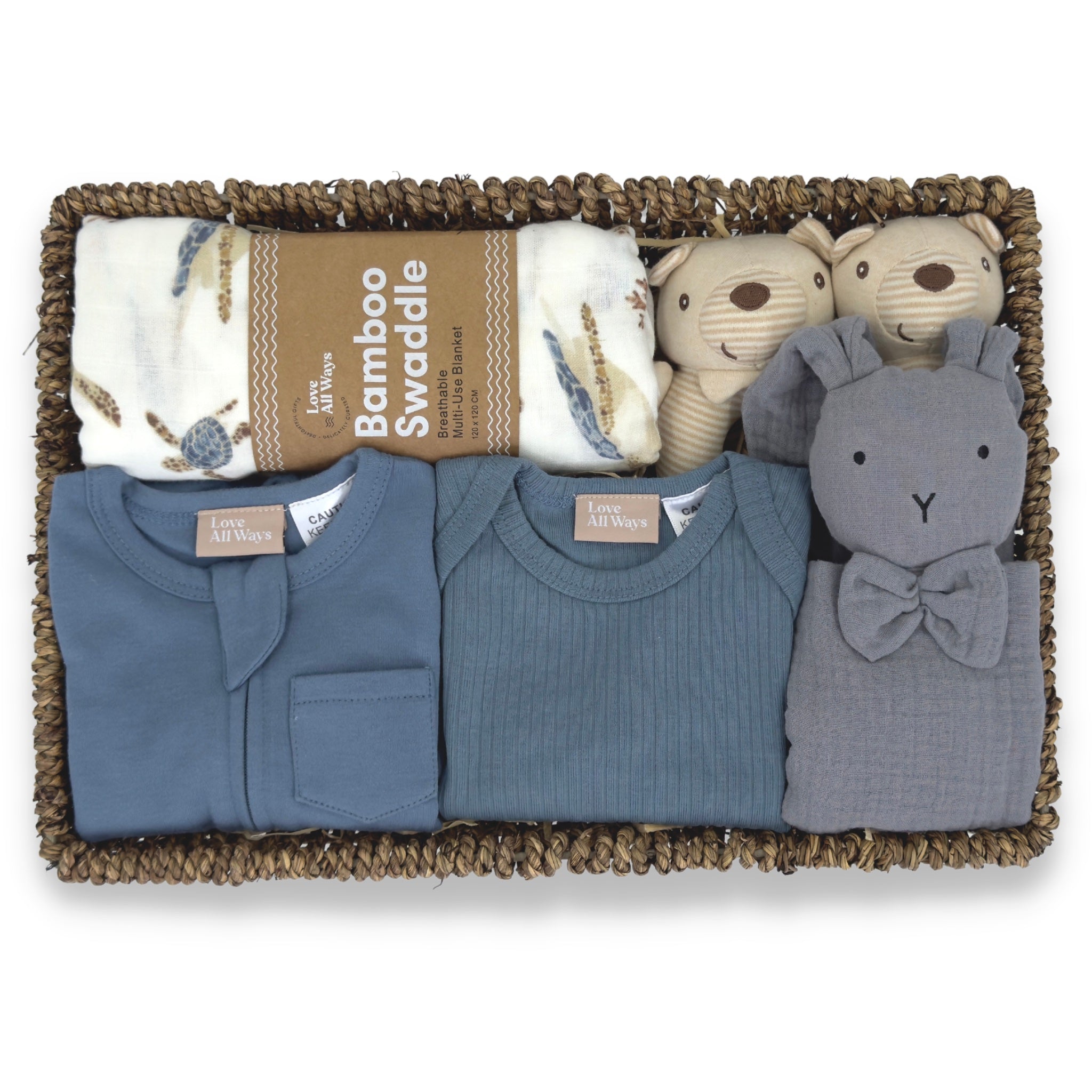 Explore our Signature Organic Baby Boy Gift Basket – the epitome of Love All Ways' commitment to ethical and sustainable values. Meticulously curated with essential core products for your little one's daily needs. Elevate your gifting experience with our thoughtful collection, beautifully packaged in a reusable seagrass display. Shop now!
