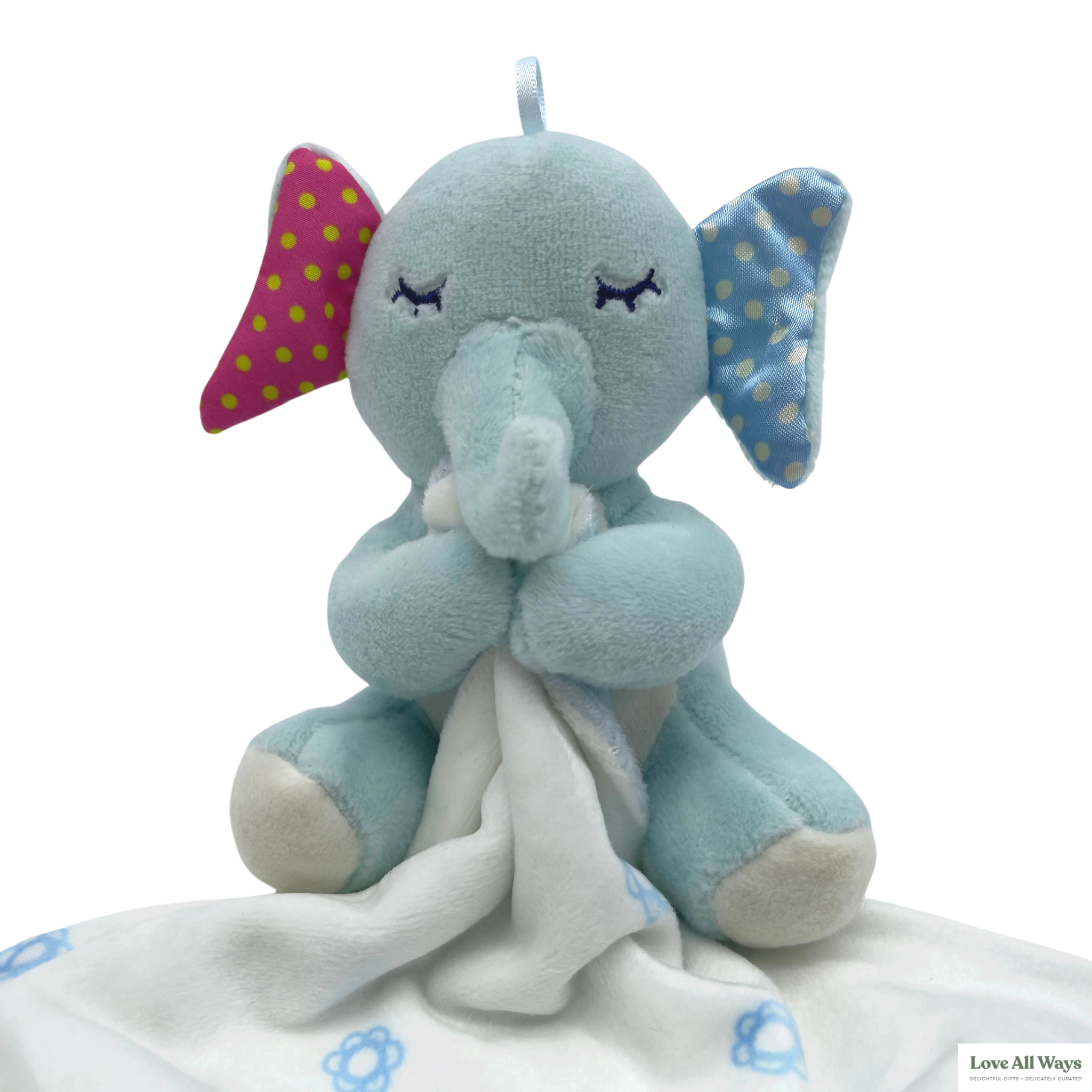 Love All Ways plush colourful Blue Elephant security blanket close up