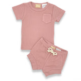 Organic Cotton Short Sleeve Ribbed Lounge Set - Champagne Pink