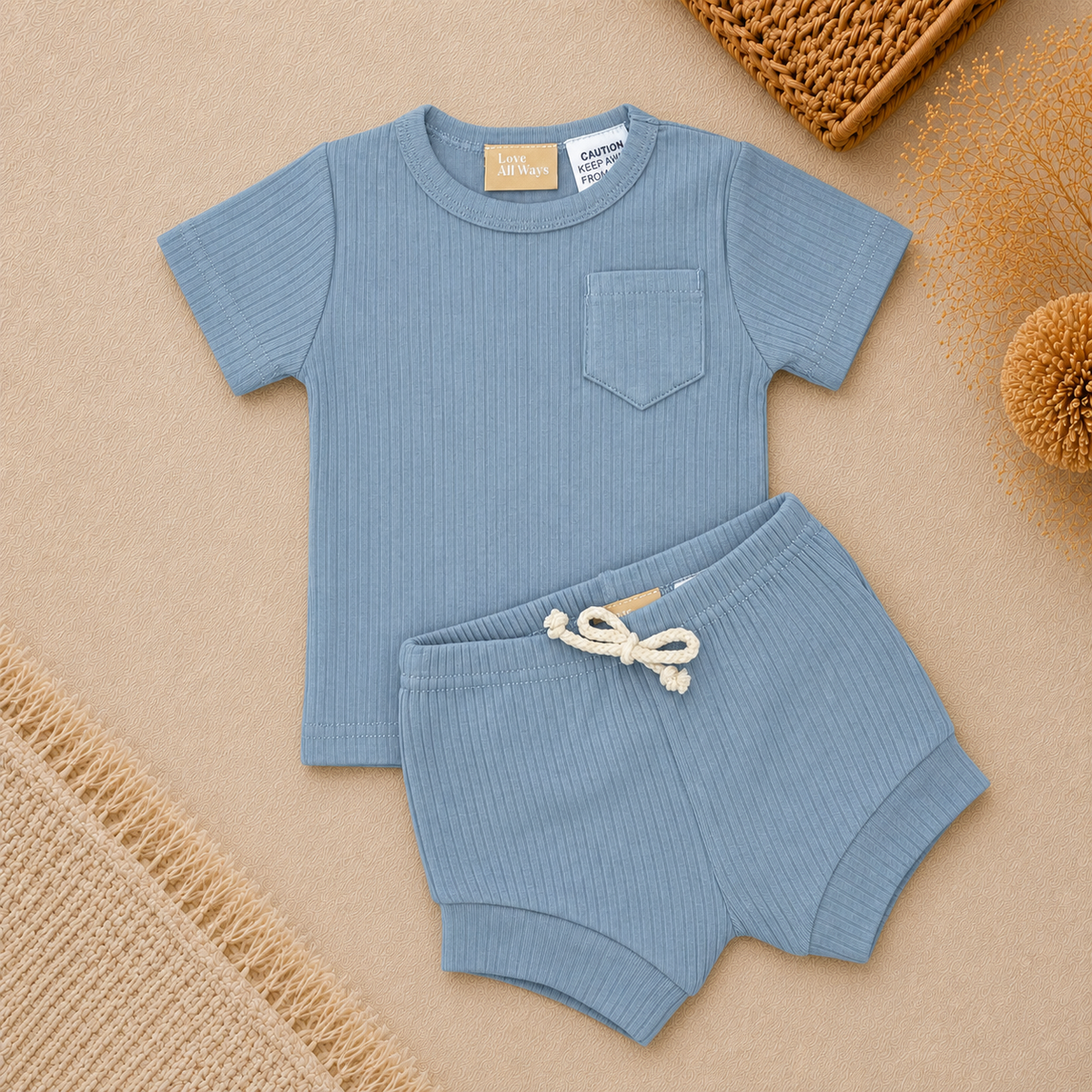 Organic Cotton Short Sleeve Ribbed Lounge Set - Ice Blue