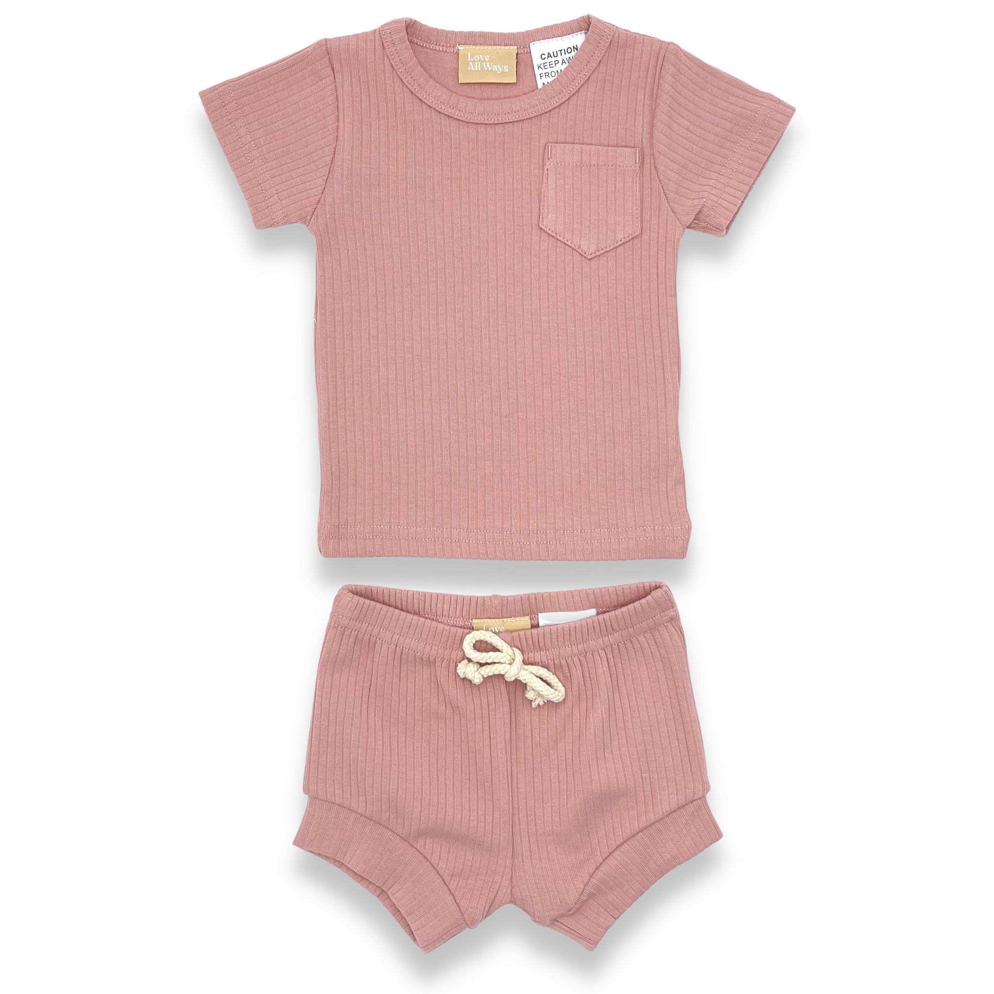 Organic Cotton Short Sleeve Ribbed Lounge Set - Champagne Pink