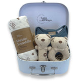 Elevate baby gifting with our Organic Cotton Romper Baby Hamper. Featuring a soft ribbed romper, large blanket with a teddy bear print, and an organic cotton romper in Blue Steel, plus a Happy Bears 2-piece rattle set. Thoughtfully packaged in a reusable cardboard suitcase with free Australia-wide delivery. Order now for a premium, organic, and delightful baby gift experience!