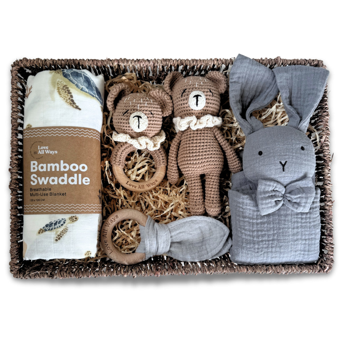 Tender Beginnings Premium Baby Boy Hamper gift box contents organic cotton baby essentials

Luxury baby boy hamper blue tones Love All Ways Australia newborn gift hamper

Premium baby gift hamper baby boy unwrapped presents organic muslin bamboo wrap