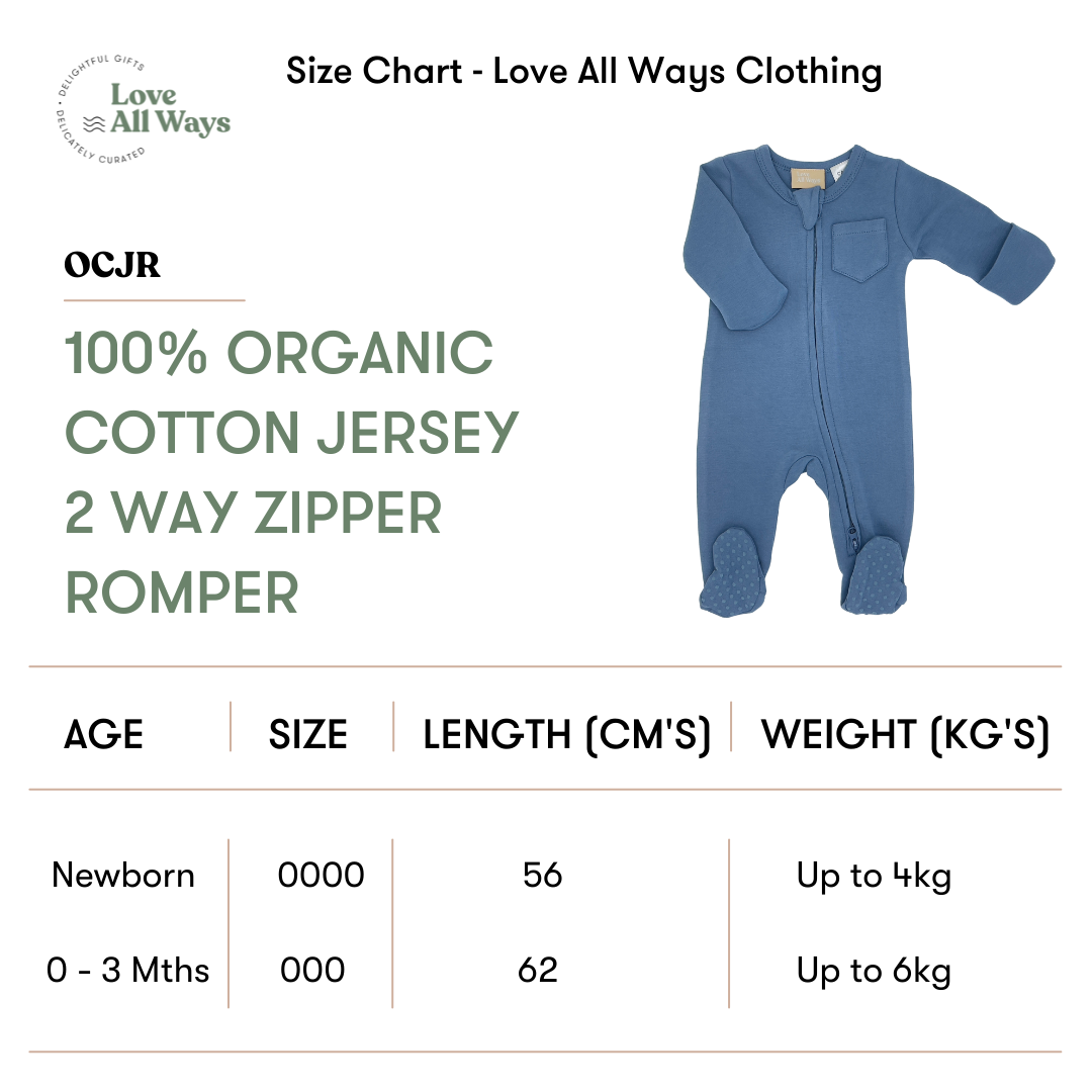 100% Organic Cotton Jersey 2 Way Zipper Romper - Blue Steel
