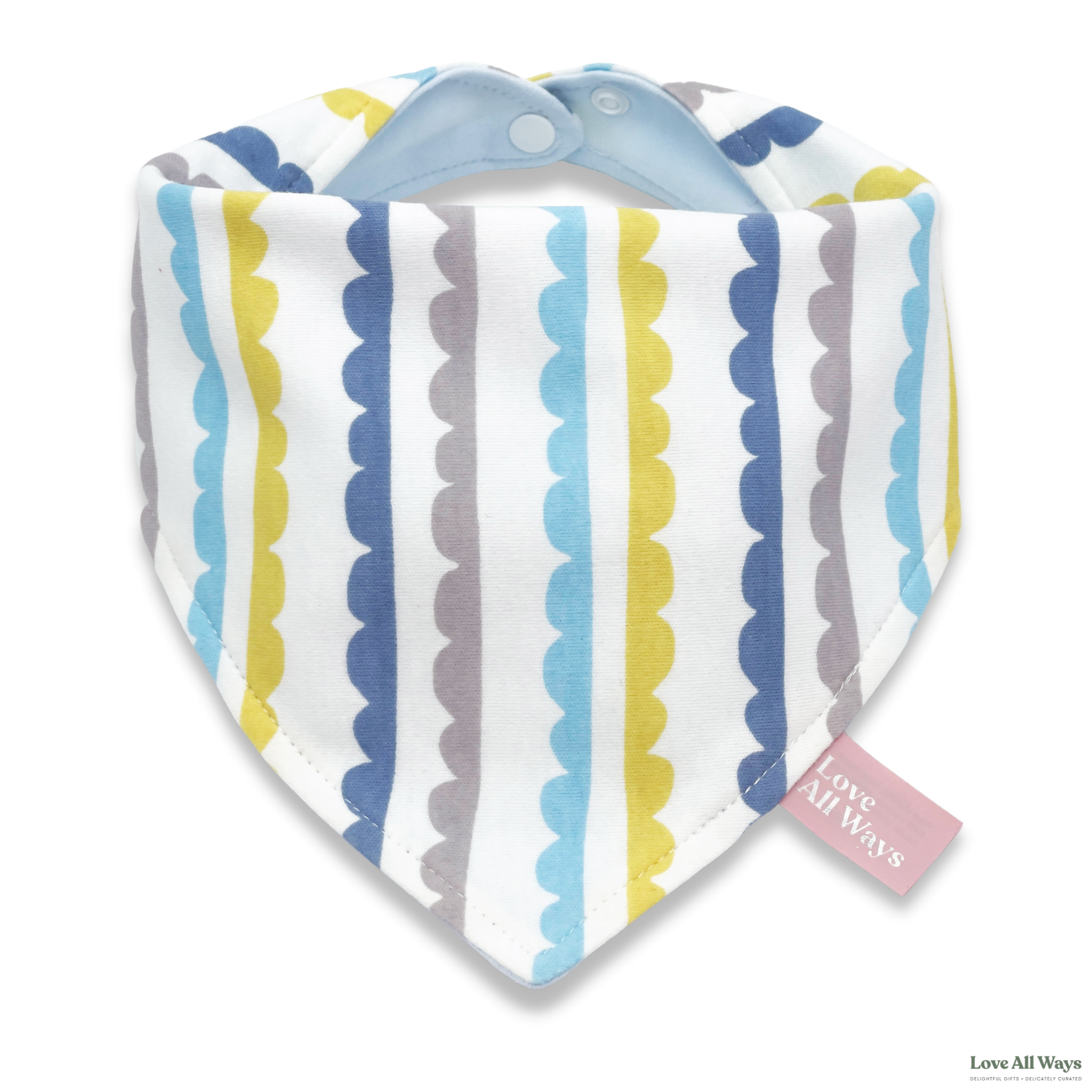 Love All Ways 100% Cotton Bandana Bib - Featuring Blue Stripes with added turquoise, yellow and grey colours.