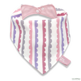 Love All Ways 100% Cotton Bandana Adjustable Bib - Pink Stripes with the use of purple and grey coloring. Soft pink inner lining.