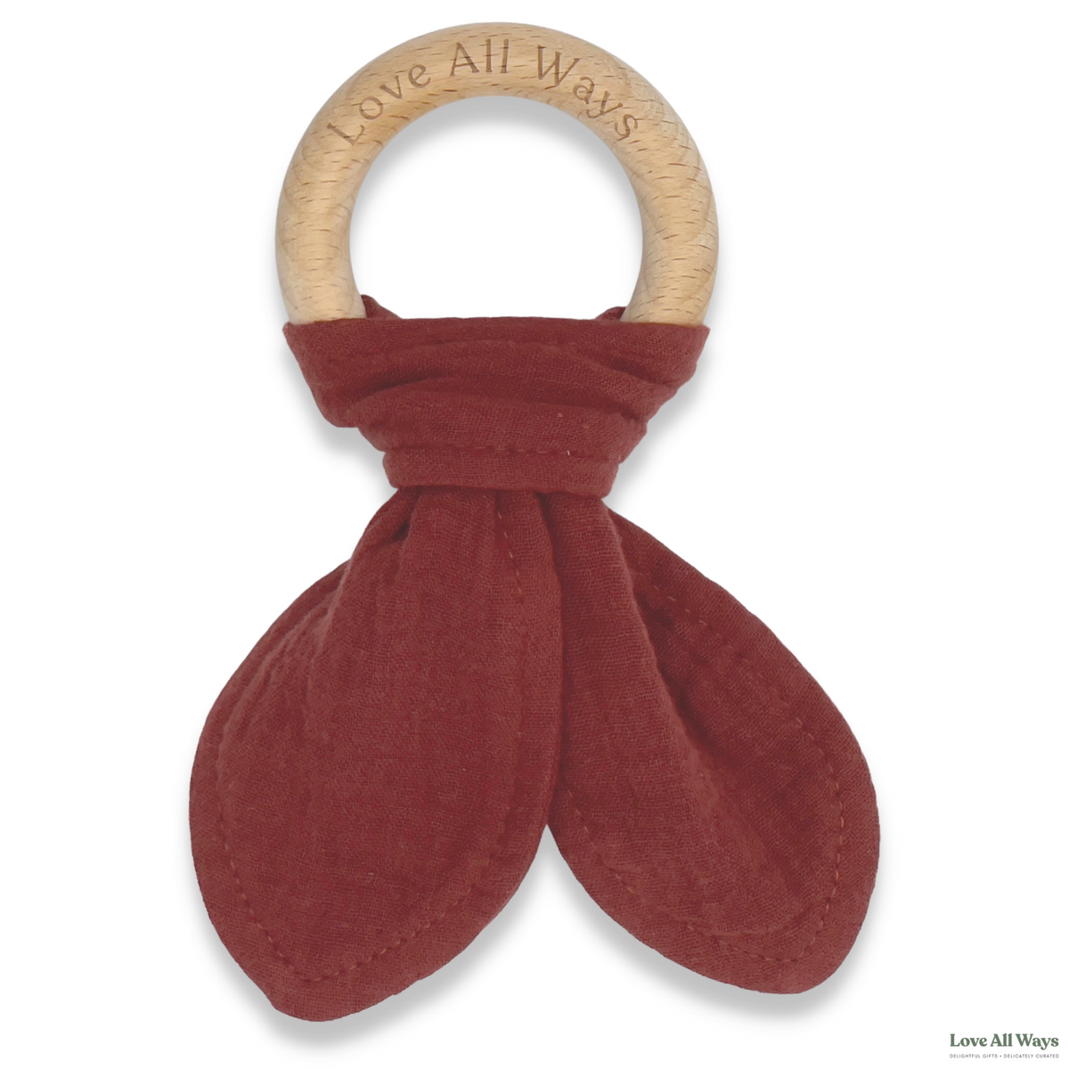 The Love All Ways beechwood organic cotton teether is a natural, eco friendly teether designed to stimulate gums and is a beautiful teething option to keep babies entertained. Made from a chemical free, non toxic natural beechwood that is safe for baby's mouth making it perfect for those sore gums and budding teeth. The finish is sanded and buffed to a smooth finish without the use of any varnishes or waxes