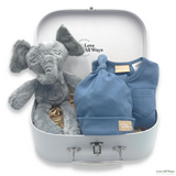 Baby hamper with a new little person's closest and dearest friend! The elephant symbolises strength, wisdom, offers protection and good luck. FREE DELIVERYt