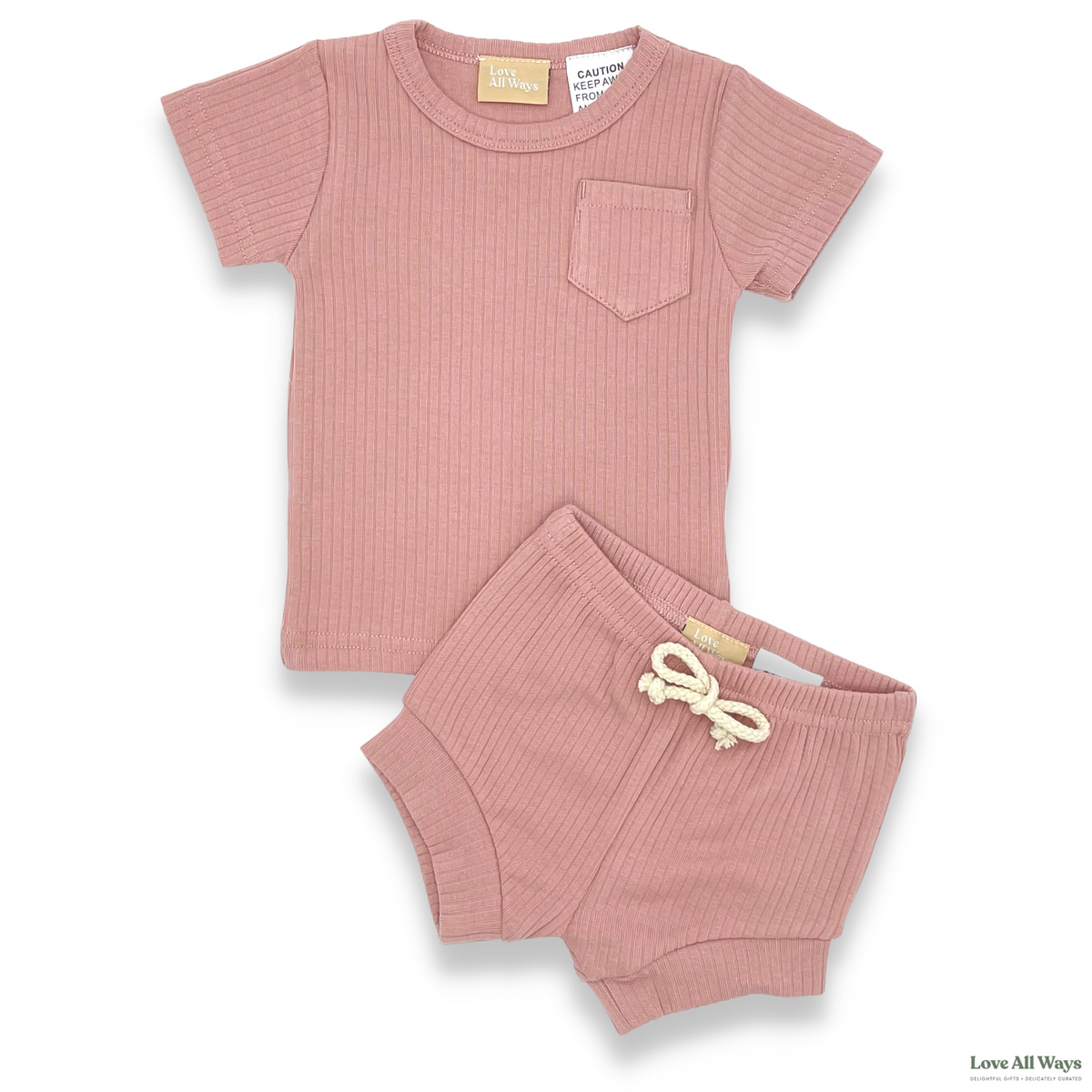 Organic Cotton Short Sleeve Ribbed Lounge Set - Champagne Pink