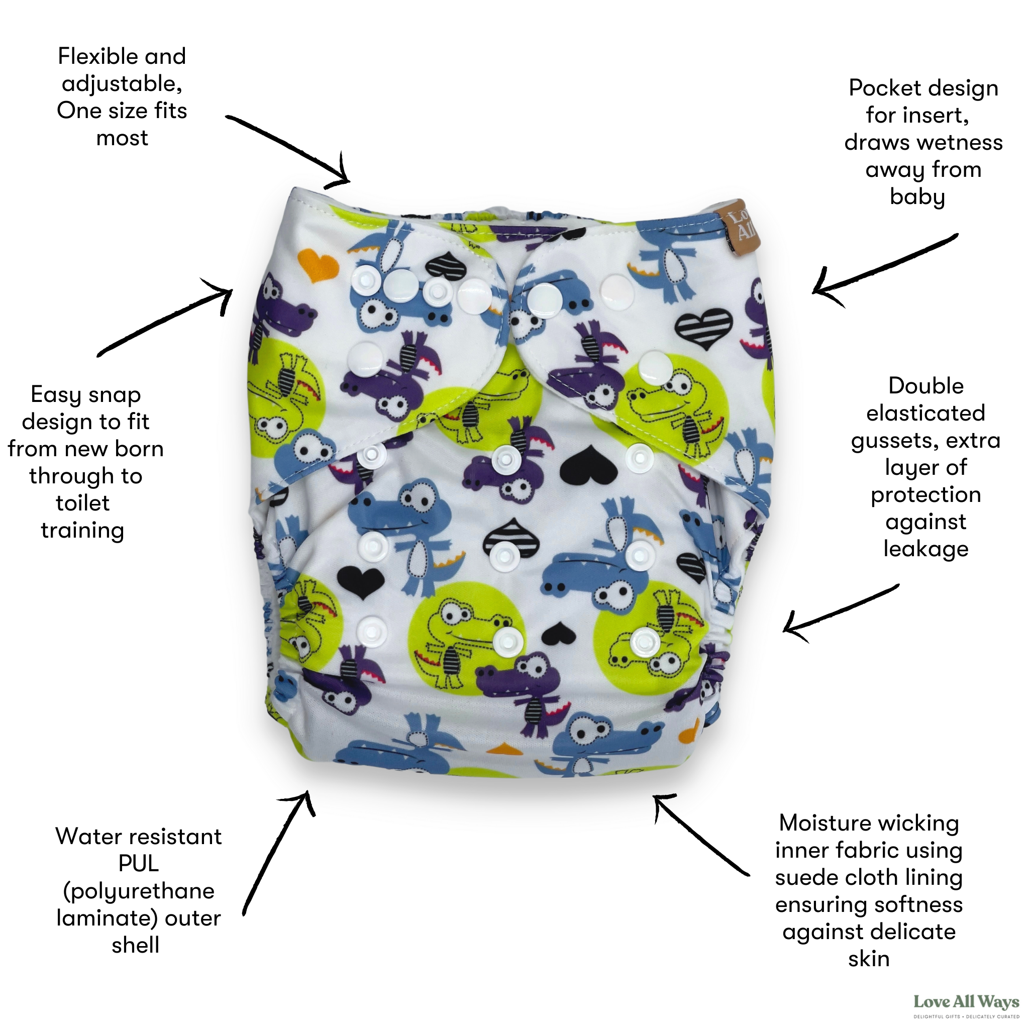 Love All Ways Eco Friendly Modern Cloth Nappy - Baby Dinosaurs